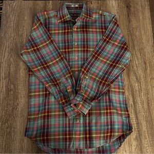 Peter Millar Mens Sz Medium Blue Pink.  Plaid Performance Shirt LS Nylon Button